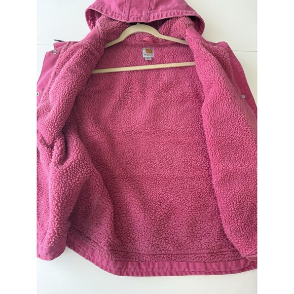 Carhartt Jacket Womens XL Pink Sherpa Canvas Work Barn Chore Coat hood Vest - Picture 8 of 14